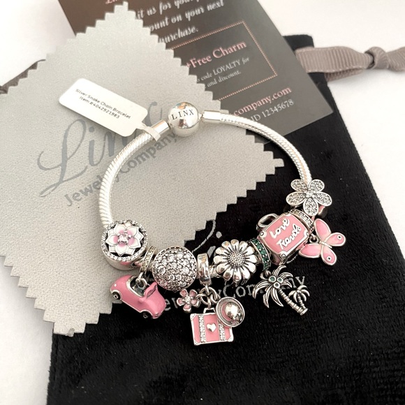 Linx Snake Chain Bracelet with Pink Travel Themed Charms 925